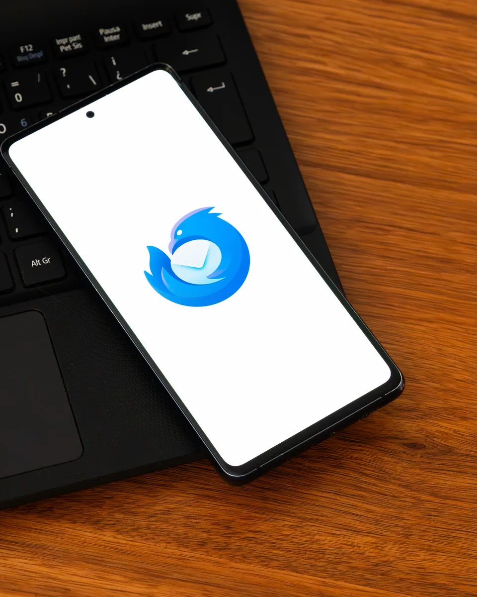 Smartphone affichant le logo de Thunderbird, posé sur un ordinateur portable